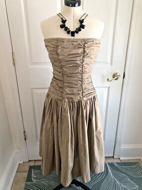 Vtg midi strapless dress sz S ruched bodice polka dots rockabilly Coquette 1980s